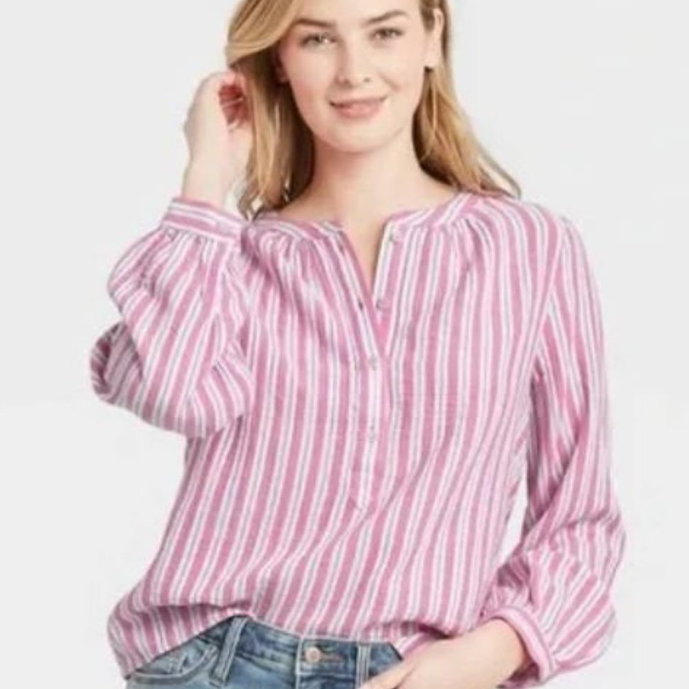 NEW Pink Striped Sz Small Casual Wear Oversized Roomy Cotton Shirt - Picture 2 of 3